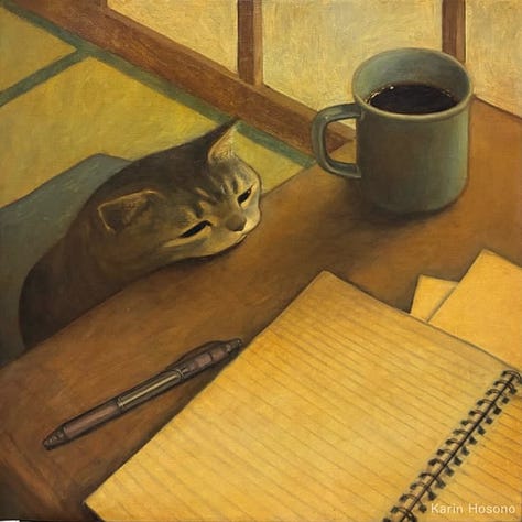 Six artworks depicting cats in different styles, including cats cuddling, sitting beside coffee and books, lounging at a table, drawing, posed with a historical figure, and dressed as a formal pair. The collage highlights four artists’ contrasting approaches to portraying cats.