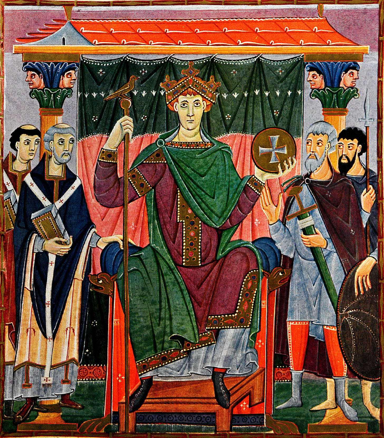 A vividly colored illustration from the Evangeliary of Emperor Otto III. The scene depicts the enthroned ruler, Otto III, wearing a crown and royal robes, holding a staff in one hand and a sphere with a cross in the other. He is surrounded by advisors and clerics, one of whom holds an open book. The backdrop is a decorated canopy with intricate patterns. A vividly colored illustration from the Evangeliary of Emperor Otto III. The scene depicts the enthroned ruler, Otto III, wearing a crown and royal robes, holding a staff in one hand and a sphere with a cross in the other. He is surrounded by advisors and clerics, one of whom holds an open book. The backdrop is a decorated canopy with intricate patterns.