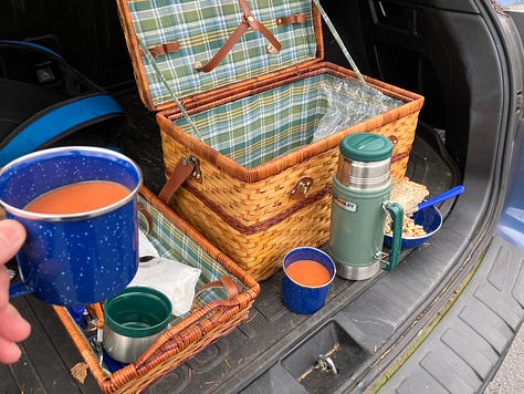 Photos of man throwing snowball, skibowl, picnic basket with soup, snowman, and Skyway restaurant and race car
