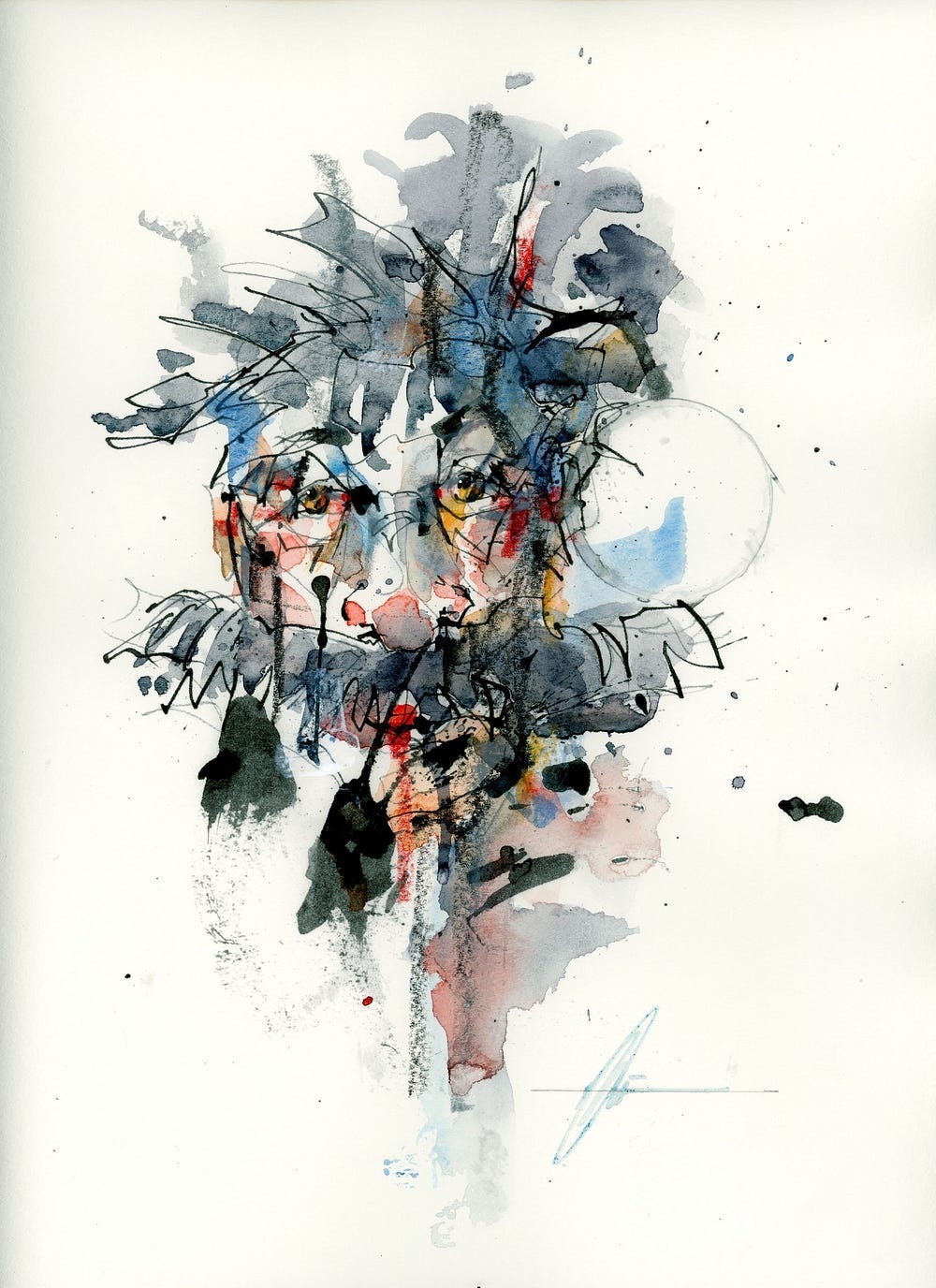 A sketched portrait of a large-moustached artist with ink blots, MO Bilebeisi, 2025