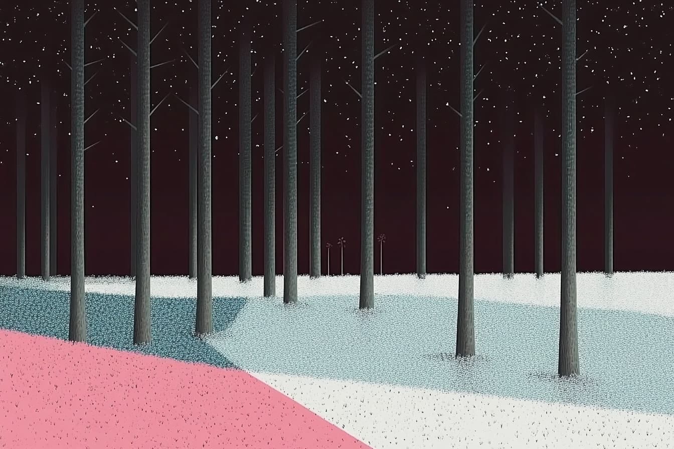 a dark forest with bare trees over a pink, blue, and gray ground