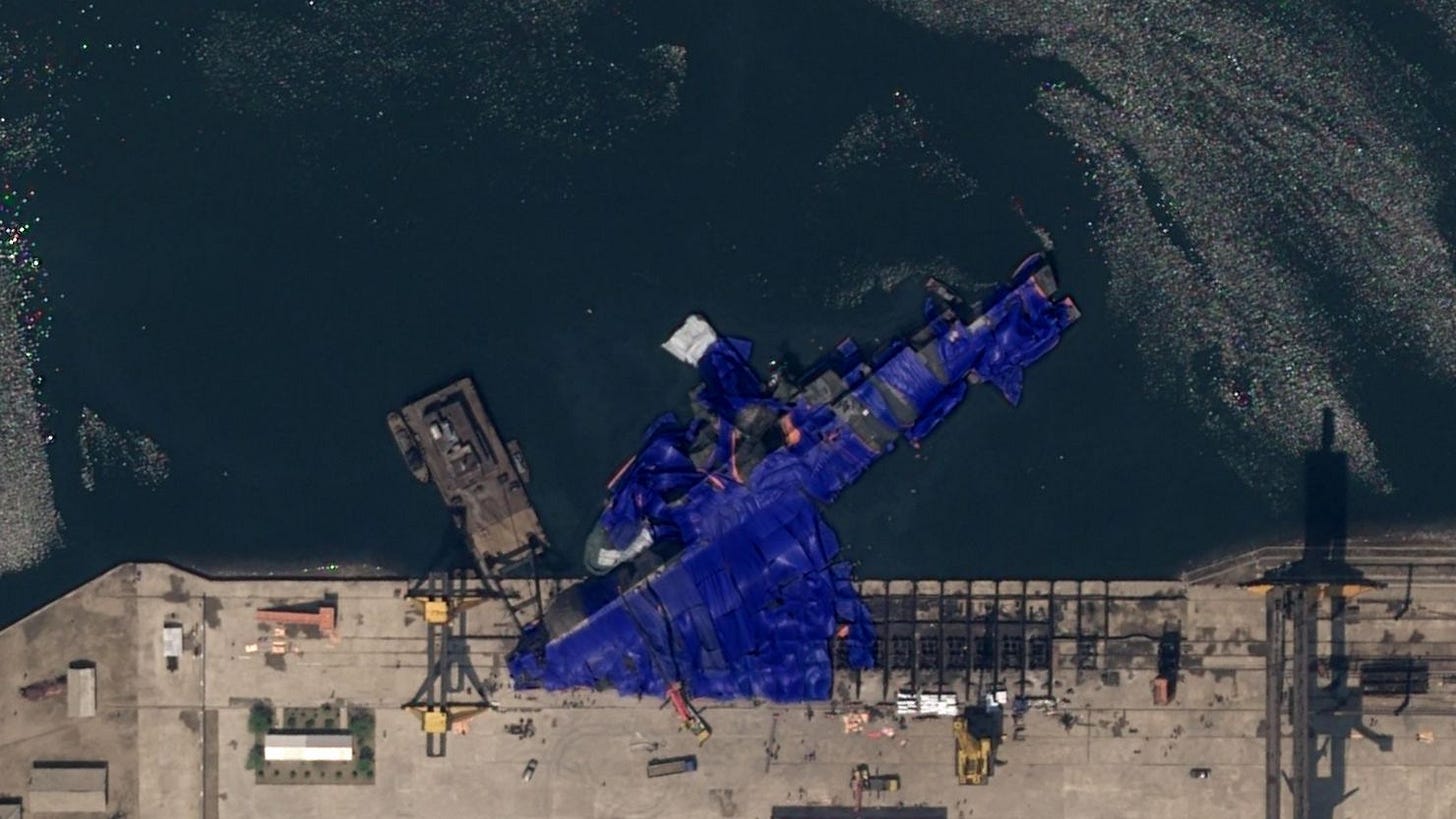 This satellite image taken on May 22, 2025, shows the aftermath of North Korea's second-newest destroyer which appeared to be capsized in a "serious accident" during a launching ceremony in Chongjin shipyard.