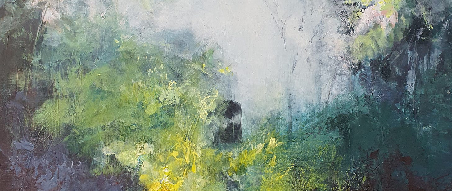 A close up of a new abstract painting of vegetation in spring by Susan Mills 