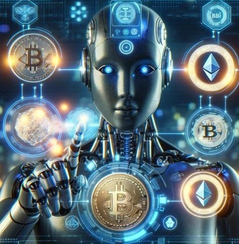 This may contain: a robot holding a bitcoin in his hands and surrounded by other crypt symbols