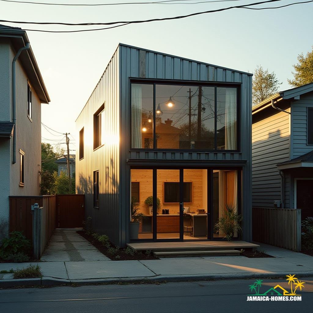 Urban Steel-Clad Mini Home Design: Single-level steel-frame module with concrete floor