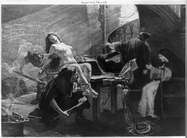 Naked young women being brutally tortured by Spanish Inquisition, a common occurrence within the history of witchcraft. (Public domain) Naked young women being brutally tortured by Spanish Inquisition, a common occurrence within the history of witchcraft. (Public domain)