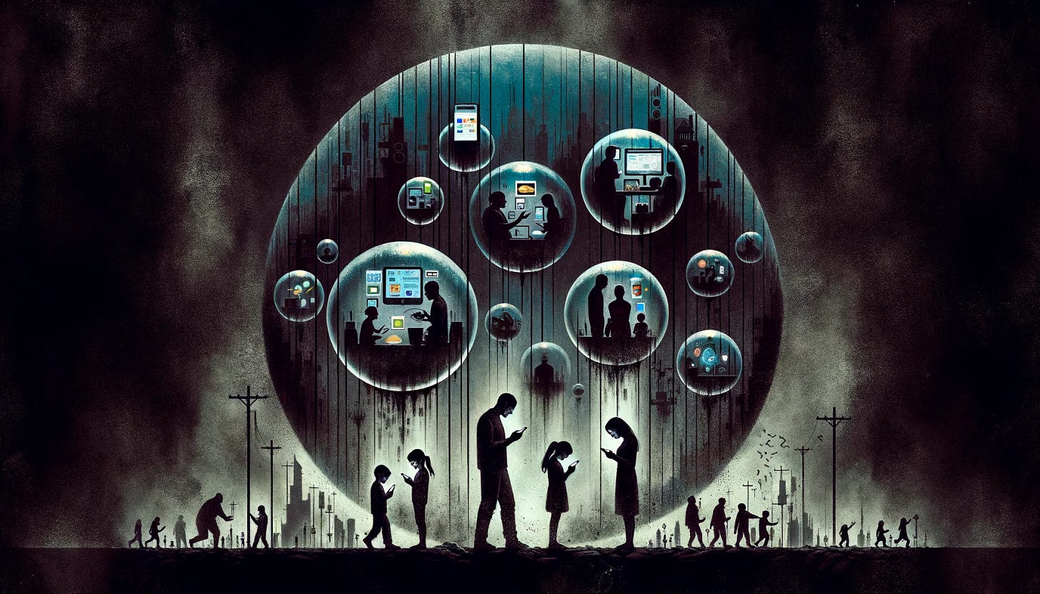 A dark, minimalist landscape illustrating the dire consequences of 'the drugification of everything,' impacting both family and society. In the center, a family is depicted as silhouettes, each member encased in their own bubble, symbolizing isolation due to addiction to various digital and consumer products. The family is disconnected from one another, each absorbed in their own world of smartphones, fast food, and screens, illustrating the breakdown of familial bonds. The background fades into a broader society, shown as a series of fragmented, shadowy outlines of buildings and social structures, symbolizing societal decay. This stark contrast between the isolated figures and the crumbling society around them emphasizes the theme of disconnection and the profound negative impacts of chasing dopamine stimulation. A dark, minimalist landscape illustrating the dire consequences of 'the drugification of everything,' impacting both family and society. In the center, a family is depicted as silhouettes, each member encased in their own bubble, symbolizing isolation due to addiction to various digital and consumer products. The family is disconnected from one another, each absorbed in their own world of smartphones, fast food, and screens, illustrating the breakdown of familial bonds. The background fades into a broader society, shown as a series of fragmented, shadowy outlines of buildings and social structures, symbolizing societal decay. This stark contrast between the isolated figures and the crumbling society around them emphasizes the theme of disconnection and the profound negative impacts of chasing dopamine stimulation.