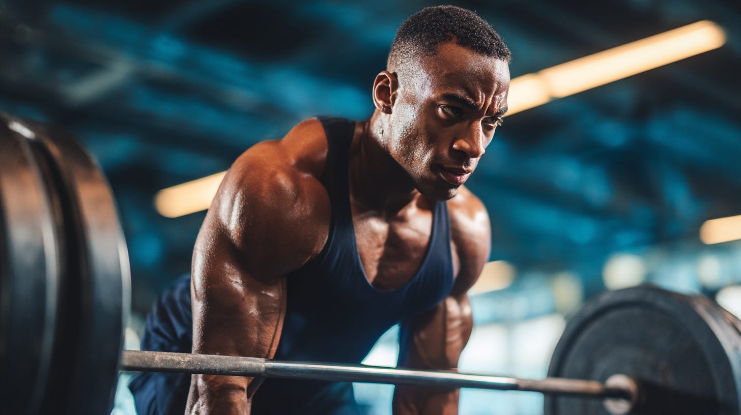 Man in blue gym gear spotting his friend on the barbell bench press.