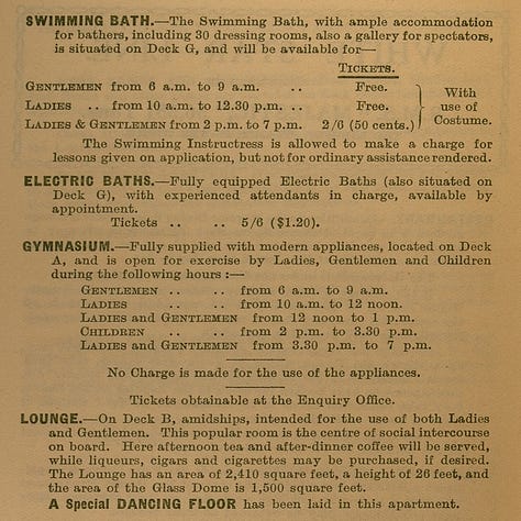 Four images of text from the RMS Majestic passenger list and two from the ship's dinner menu. The menu pages are printed black on light brown or sepia paper. The first page also has a log of a red flag with a white star. The menu is handwritten in blank ink in French. Its cover has a line drawing of a woman in fancy dress above script reading "R.M.S. Majestic Restaurant"