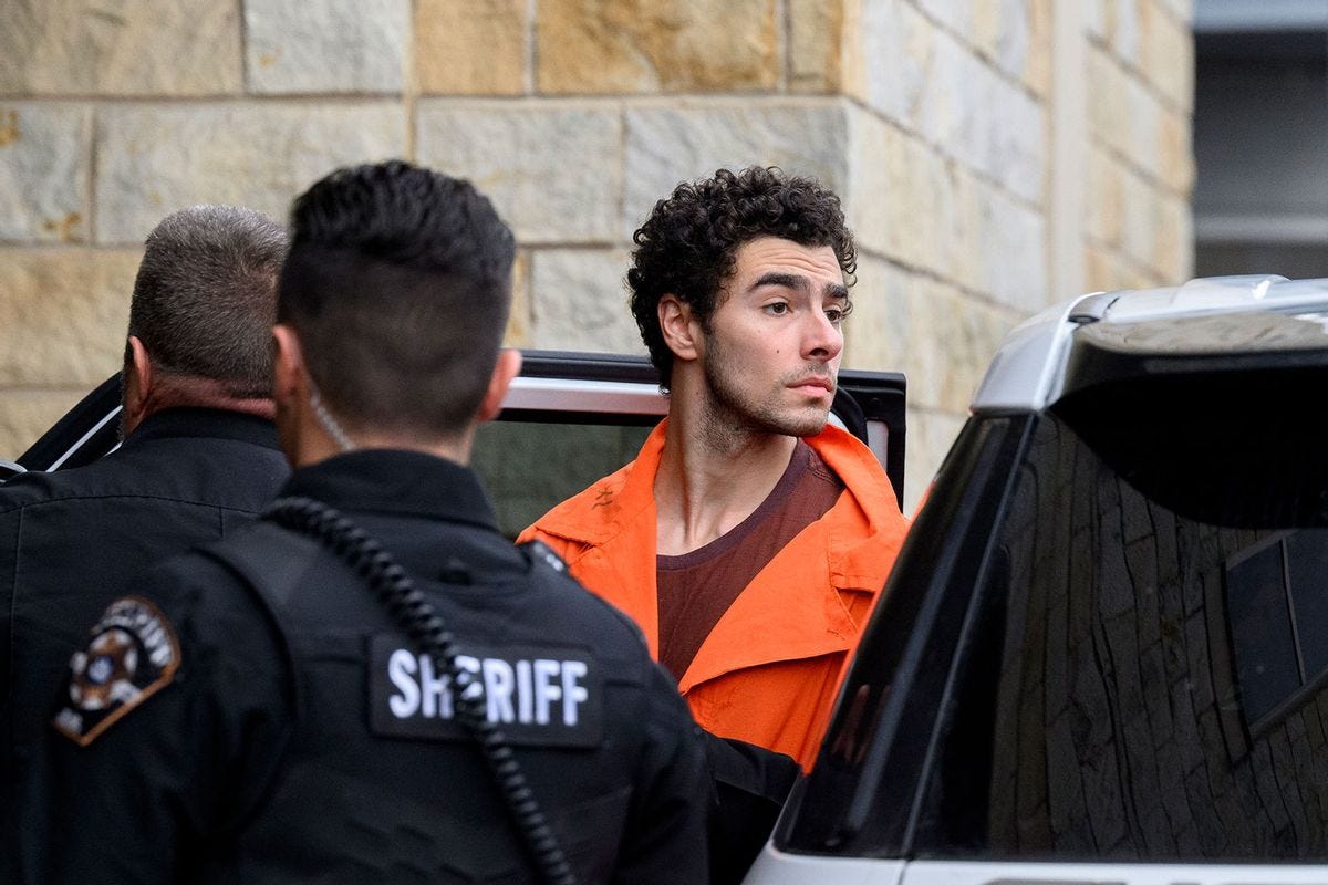 Suspected shooter Luigi Mangione is led into the Blair County Courthouse for an extradition hearing December 10, 2024 in Hollidaysburg, Pennsylvania. (Jeff Swensen/Getty Images) Suspected shooter Luigi Mangione is led into the Blair County Courthouse for an extradition hearing December 10, 2024 in Hollidaysburg, Pennsylvania. (Jeff Swensen/Getty Images)