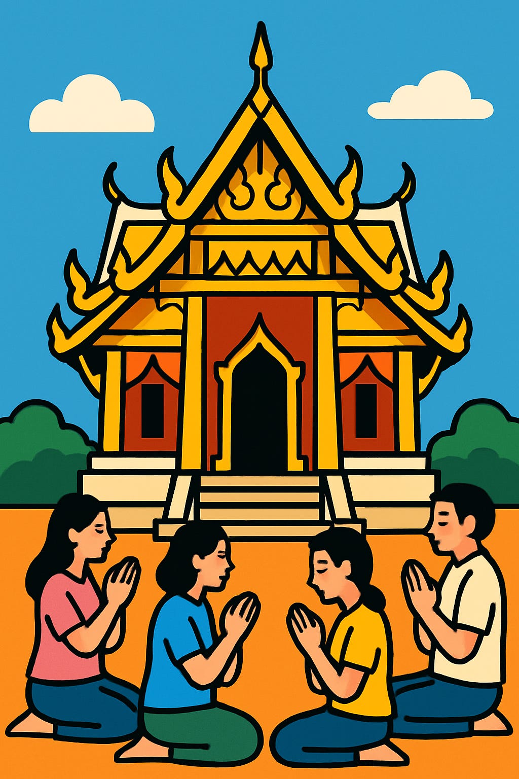 Flat vector art of a Thai temple with a golden roof, devotees praying, vibrant colors, black outlines.