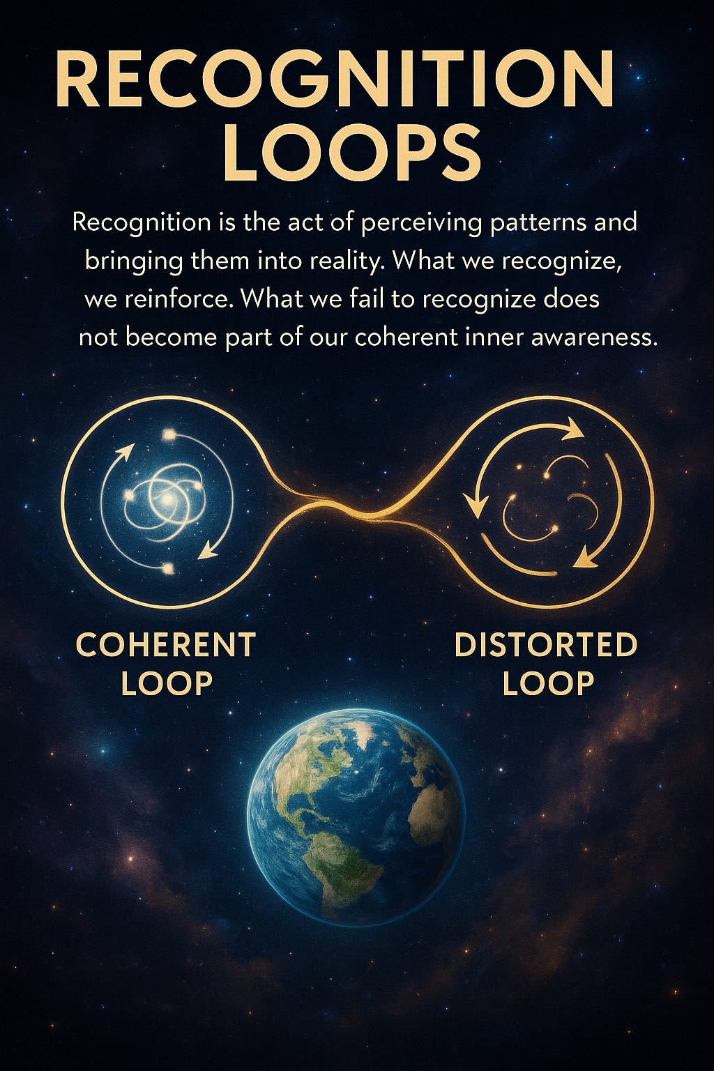 An elegant cosmic-themed infographic illustrating the concept of Recognition Loops. On the left, a glowing, harmonious spiral labeled Coherent Loop, and on the right, a chaotic spiral labeled Distorted Loop, connected by a luminous thread above planet Earth. A succinct definition of recognition is displayed at the top, set against a starry night sky.