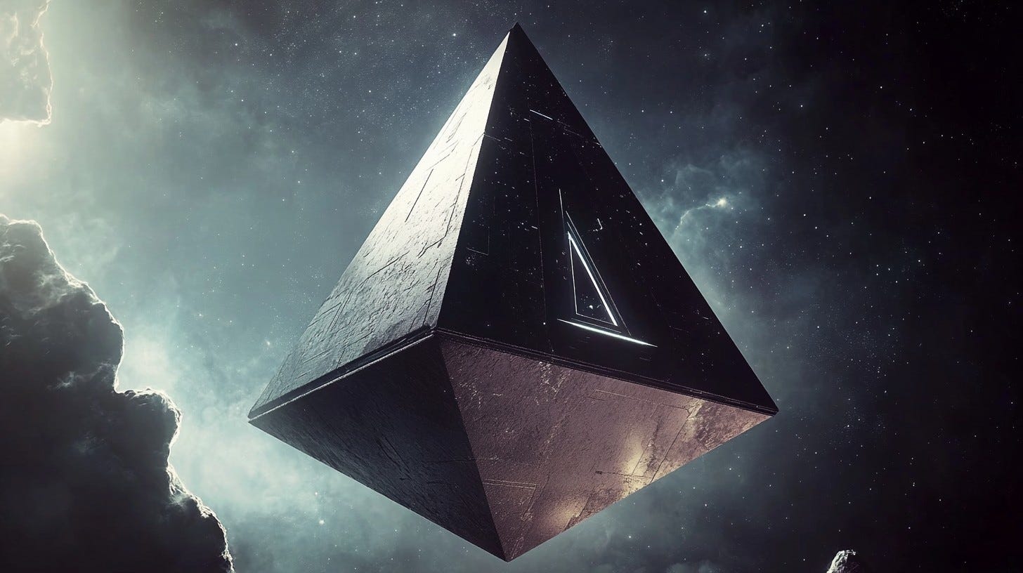 A Sci-fi pyramid floating in space with bottom lighting and left side lighting and a gamma cloud emerging behind it to the left.