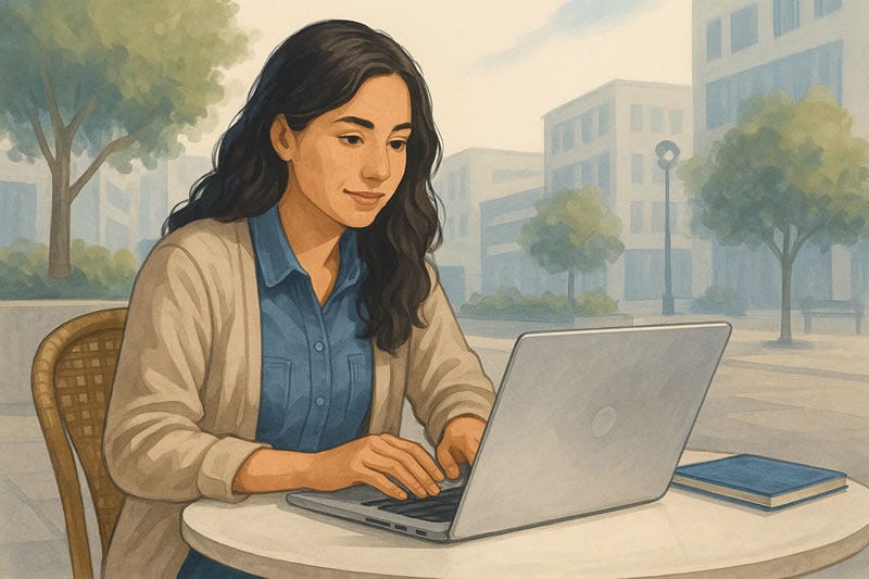 Ilustración realista de una mujer senior trabajando con su portátil al aire libre en una mesa de terraza, con expresión motivada y tranquila, representando la decisión de dejar de posponer el emprendimiento digital y avanzar en su proyecto online.