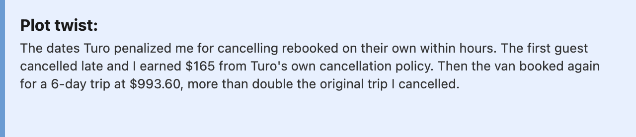Plot twist: The dates Turo penalized me for cancelling rebooked on their own within hours.