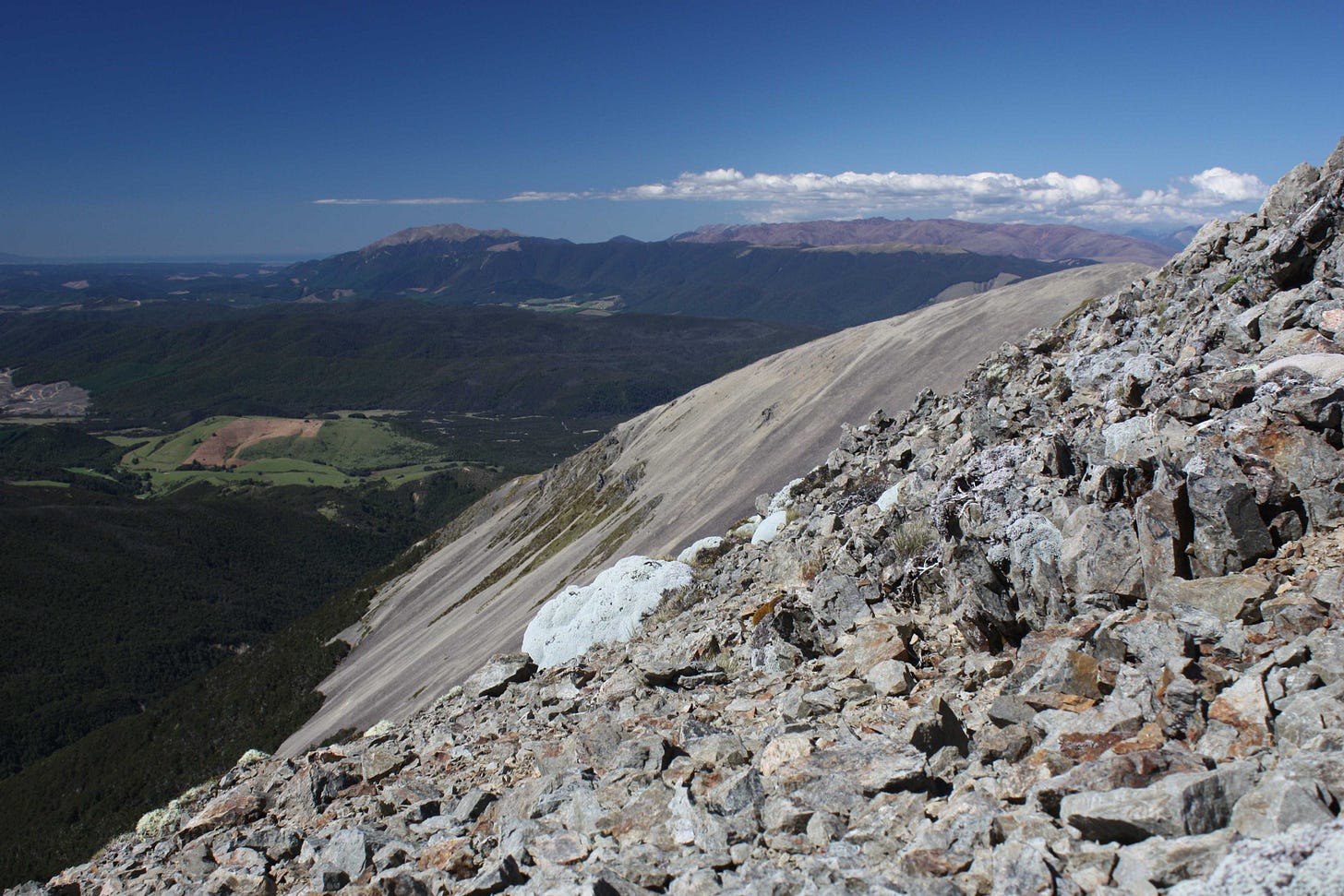 A photo with gravel/ scree in the foreground, the edge of the forest below, and in the distance dark green hills with greenish-brown grassland at higher altitudes