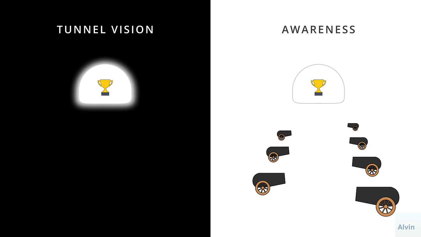 There's tunnel vision where all you see is the trophy at the end. Then there's awareness which is like if the tunnel were lit and you can see all the trap along the way.