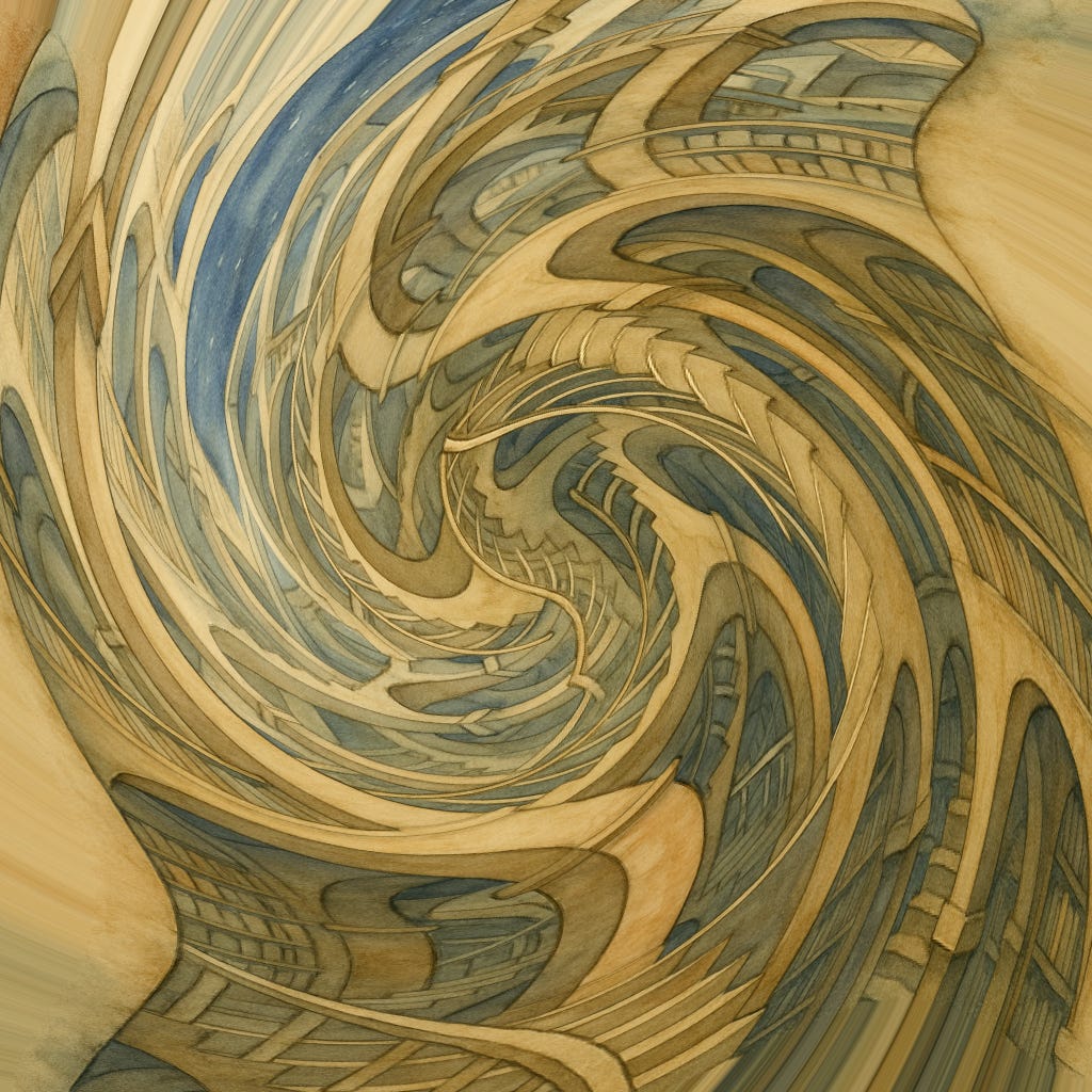 Watercolor library of infinite Escher staircases, seen through a fisheye lens — a dream of books without end.