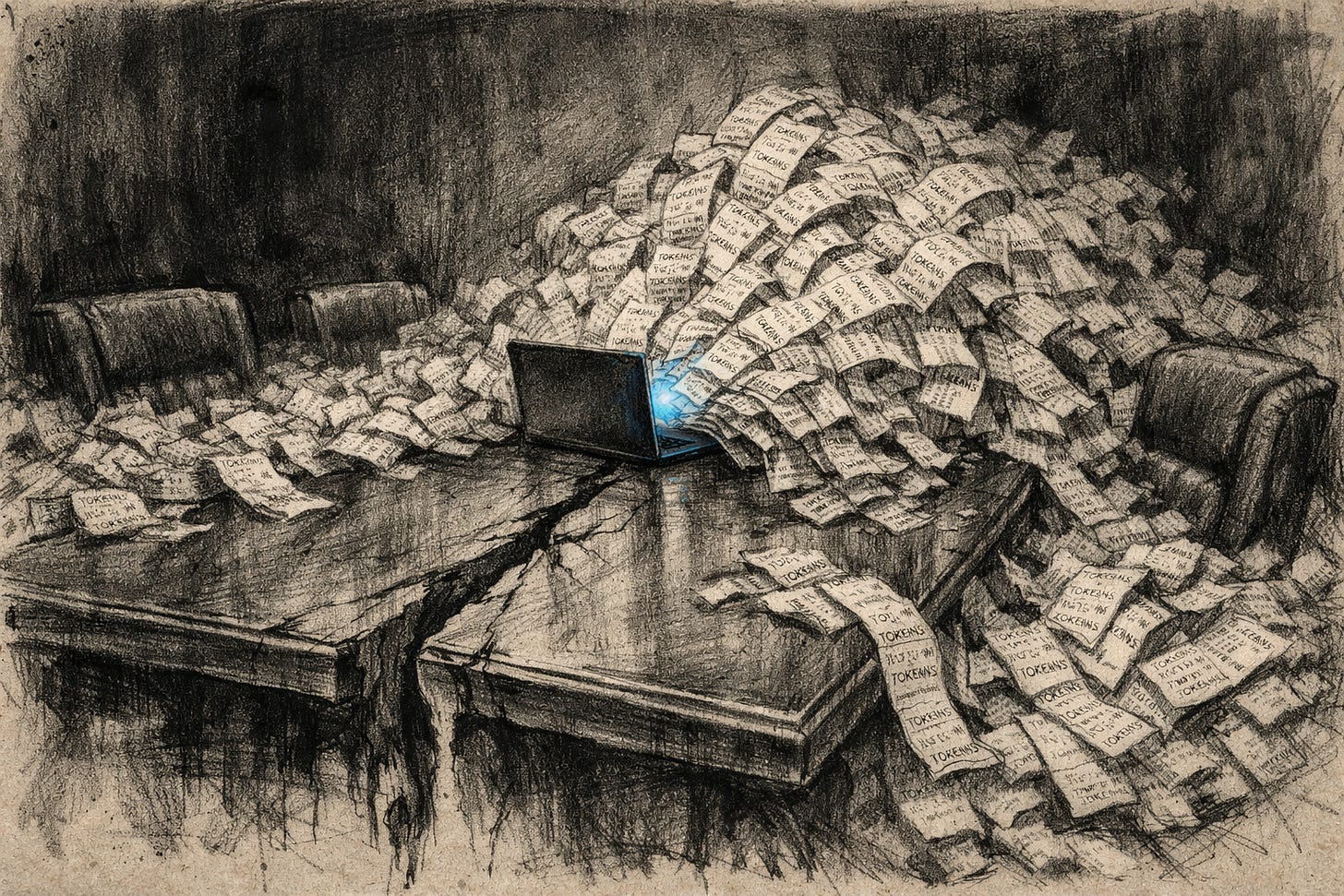 Gritty charcoal and graphite sketch of a sleek laptop on a heavy mahogany boardroom table, violently spewing an uncontrollable avalanche of receipt paper covered in the word TOKENS. The massive weight of the paper is cracking the table in half under harsh, oppressive lighting.
