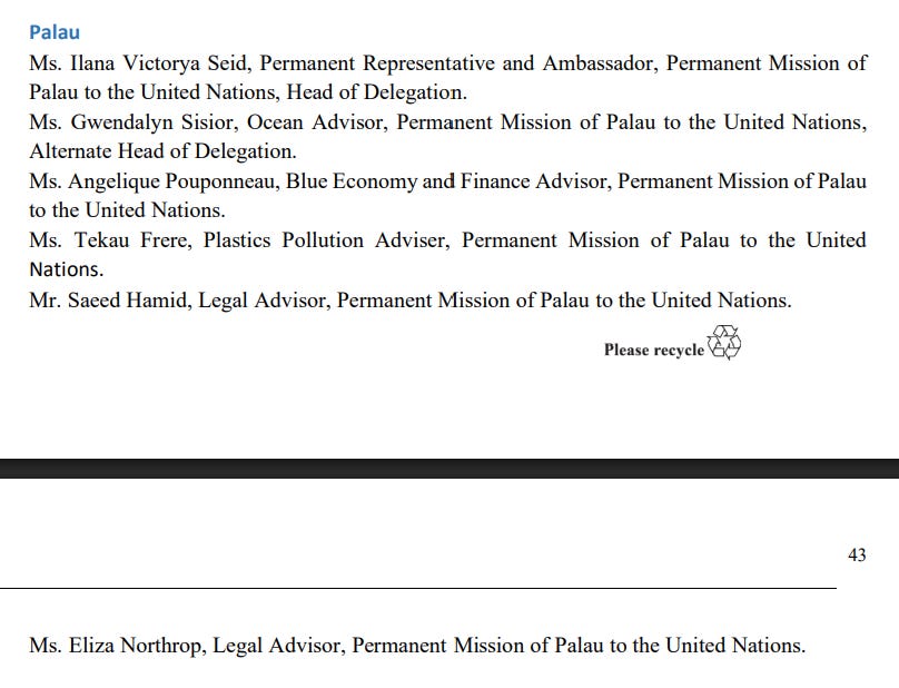 The document lists various officials from Palau's Permanent Mission to the United Nations, detailing their roles in areas such as ocean advisory, plastics pollution, and legal affairs.

AI-generated content may be incorrect.