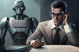 Illustration of a robot and man in a business suit