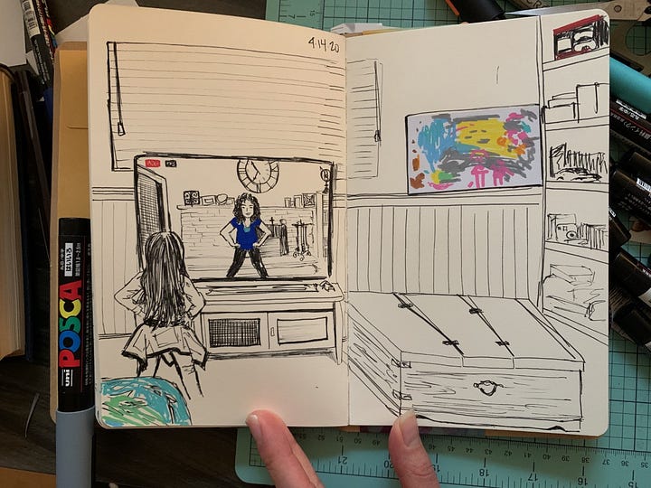 Sketches of a child standing in front of caution tape at a school and another of a young girl dancing along with someone on television