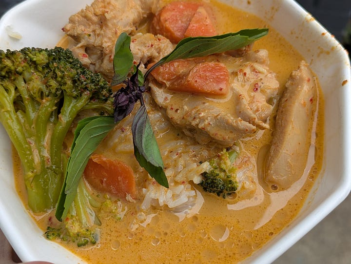 Finished panang curry in the pan and the bowl.