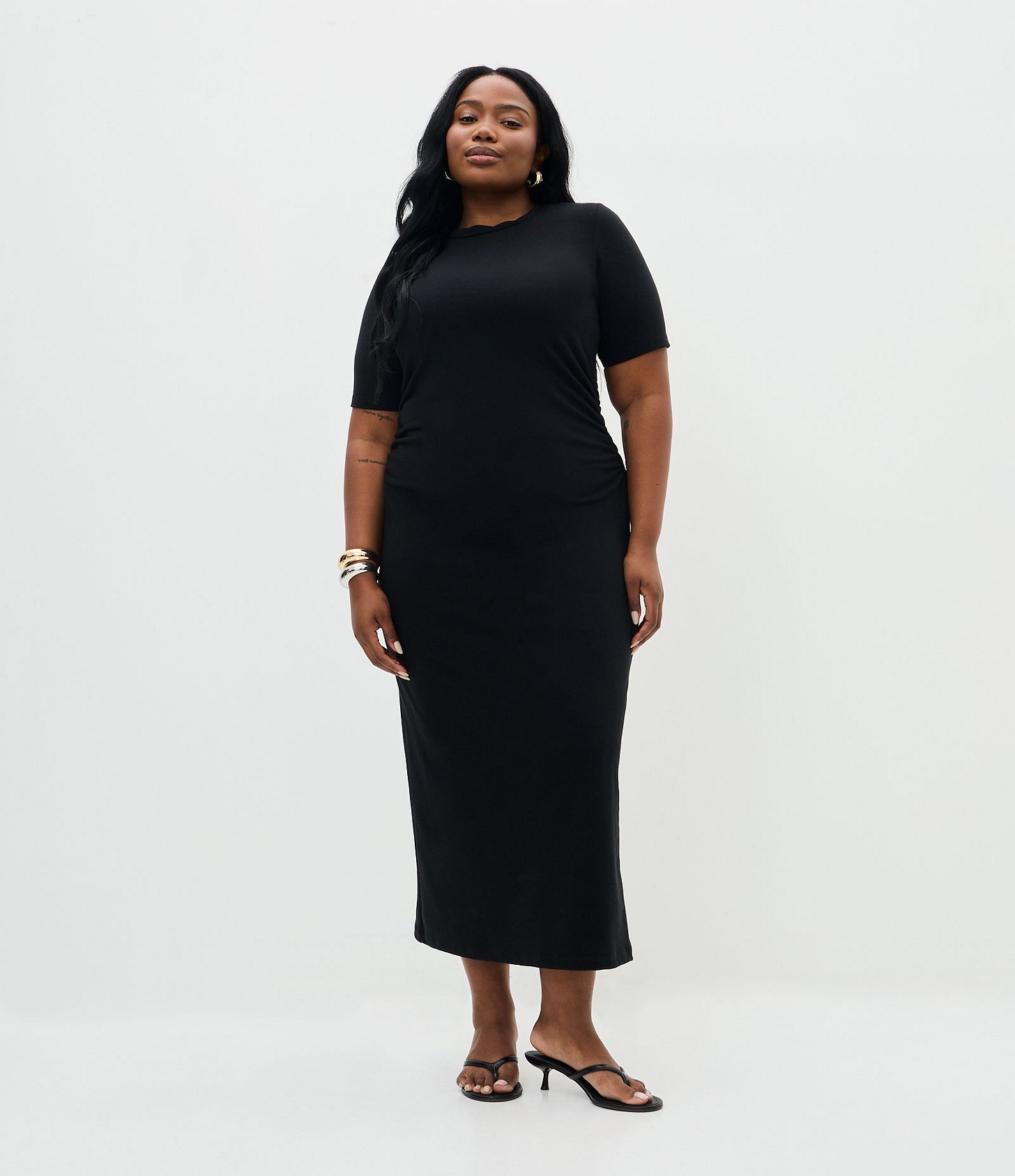 Vestido Midi em Cotton com Franzido Lateral Curve & Plus Size Preto 1