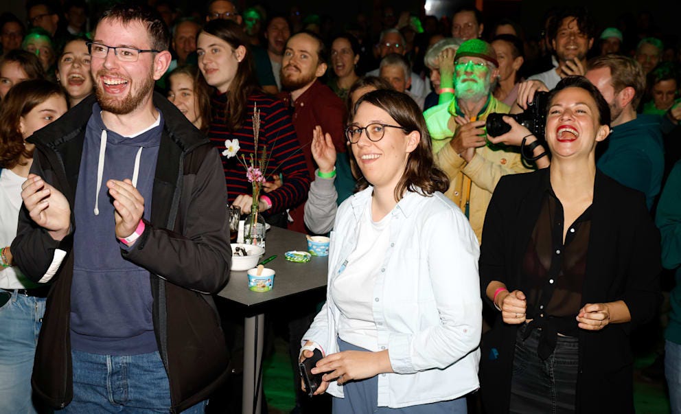 Da freuen sich die Klima-Rebellen! Die Unterstützer der Initiative feiern die für sie guten Zahlen auf einer Wahlparty