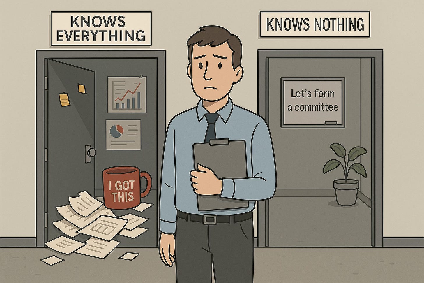 A digital illustration of a weary office worker standing between two doors. One door is labeled “Knows Everything” and shows a messy office with papers scattered on the floor, a giant red mug that says “I GOT THIS,” and charts on the wall. The other door is labeled “Knows Nothing” and reveals a nearly empty office with a wilted plant and a whiteboard that reads “Let’s form a committee.” The worker stands in the middle holding a clipboard, looking frustrated. A digital illustration of a weary office worker standing between two doors. One door is labeled “Knows Everything” and shows a messy office with papers scattered on the floor, a giant red mug that says “I GOT THIS,” and charts on the wall. The other door is labeled “Knows Nothing” and reveals a nearly empty office with a wilted plant and a whiteboard that reads “Let’s form a committee.” The worker stands in the middle holding a clipboard, looking frustrated.