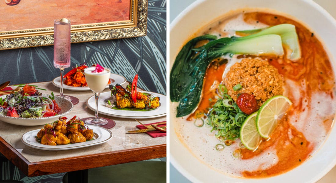 Two pictures - one of a table of Indian food and cocktails, and one close-up of a bowl of ramen
