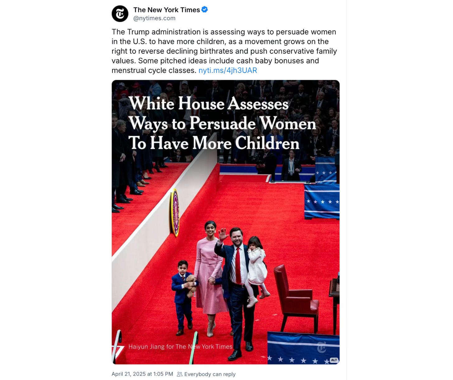 Screenshot of photo of Vance, wife and two kids; article is about how trump admin is assessing ways to have women in the U.S. have more children.