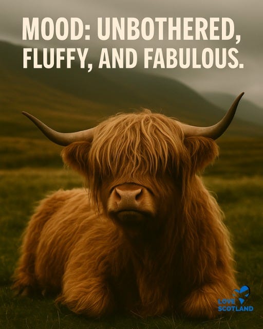 May be an image of text that says "MOOD: UNBOTHERED, FLUFFY, AND FABULOUS. LOVE LOVE SCOTLAND"