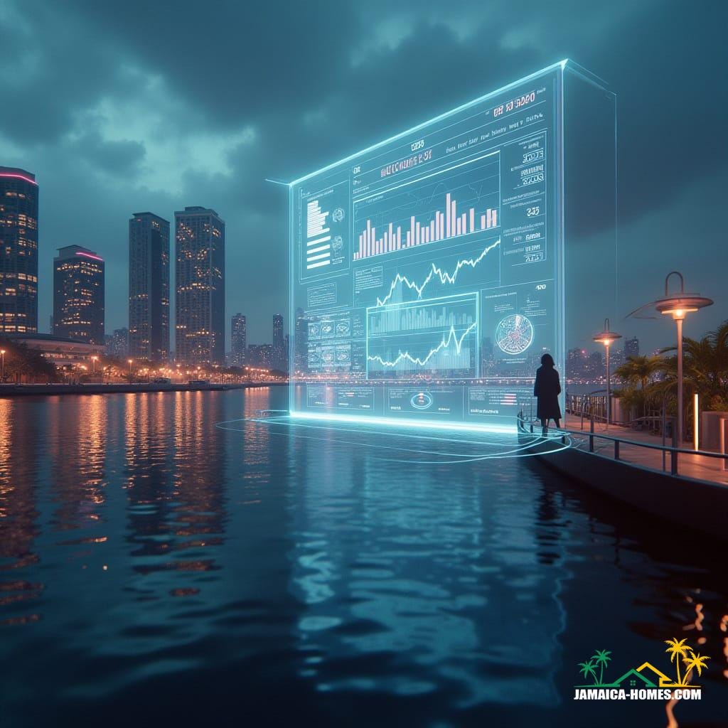 A futuristic cityscape of Kingston, Jamaica, with sleek skyscrapers and neon lights reflecting off the water, as a holographic interface of a real estate market dashboard hovers above the city, displaying predictions and analytics, with agents and developers in the background, working seamlessly with AI systems, in a cinematic film still, inspired by the atmospheric and dystopian styles of Syd Mead, Ash Thorp, and Simon Stalenhag, shot on 35mm film with a V-Raptor XL, featuring a warm, nostalgic color grade, with a subtle film grain, vignette, and cinematic lighting, evoking a sense of high-tech, cutting-edge innovation, in a dramatic, epic, and stunning visual representation.