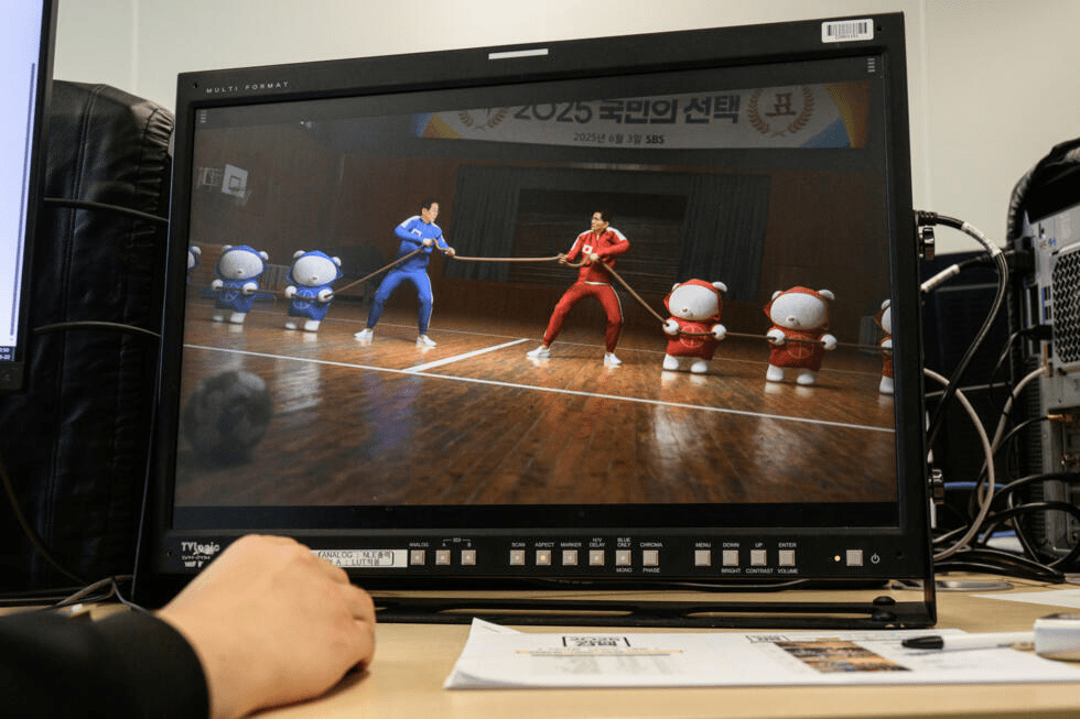 A photo of a desktop monitor showing a Korean election-night CGI scene: two teams in blue and red pull a tug-of-war rope on a gym floor.