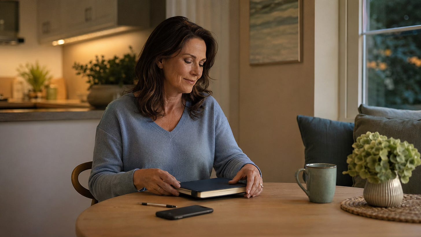 Woman closing a notebook beside a face-down phone, symbolizing setting down mental loops and returning to the present.