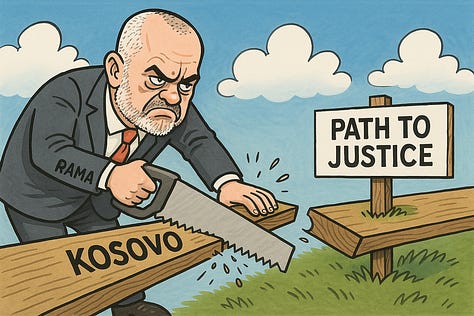 Albanian Prime Minister Edi Rama’s statements and political stance on Kosovo, justice, and the Hague Tribunal spark sharp criticism and satirical portrayals.