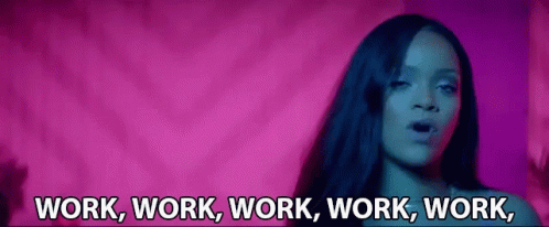 a woman with long black hair is standing in front of a pink background with the words work work work work work