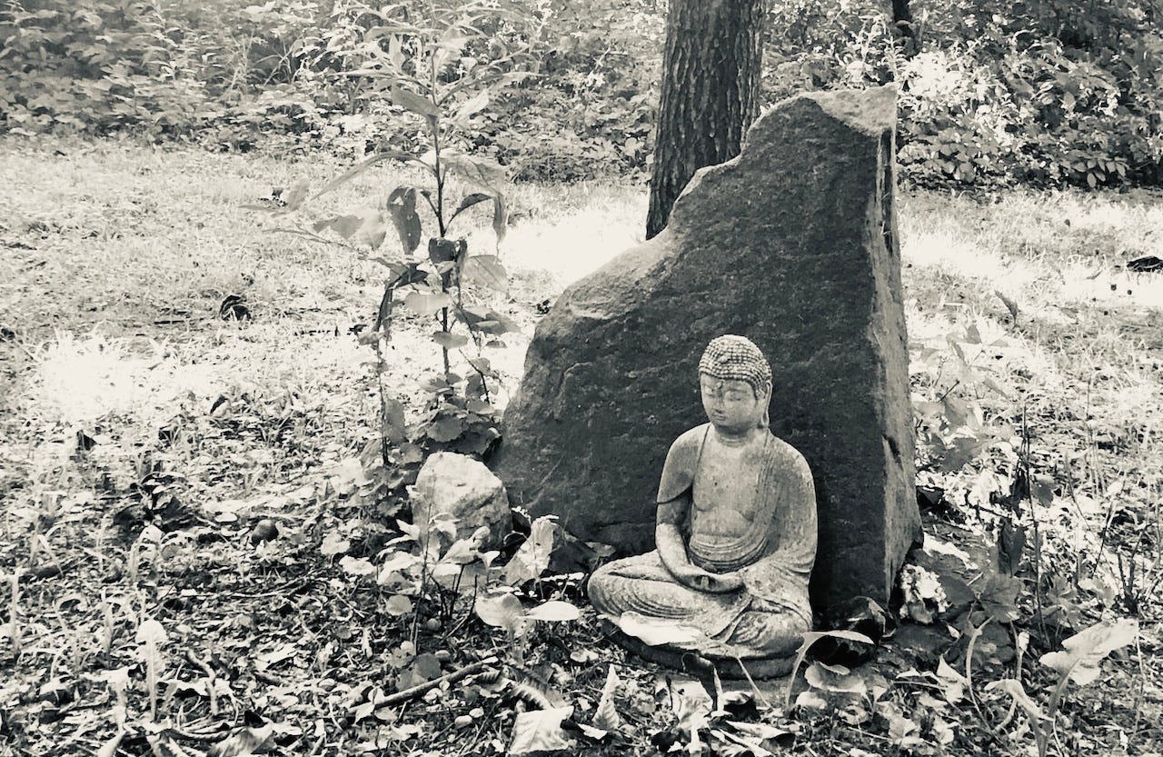 Buddha statue, sitting with hands folded, in front of a triangular rock in the middle of the woods Buddha statue, sitting with hands folded, in front of a triangular rock in the middle of the woods