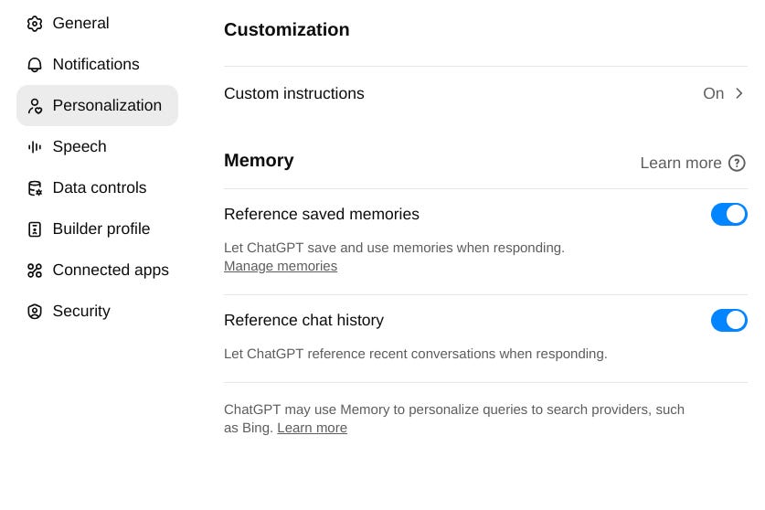 ChatGPT memory settings.