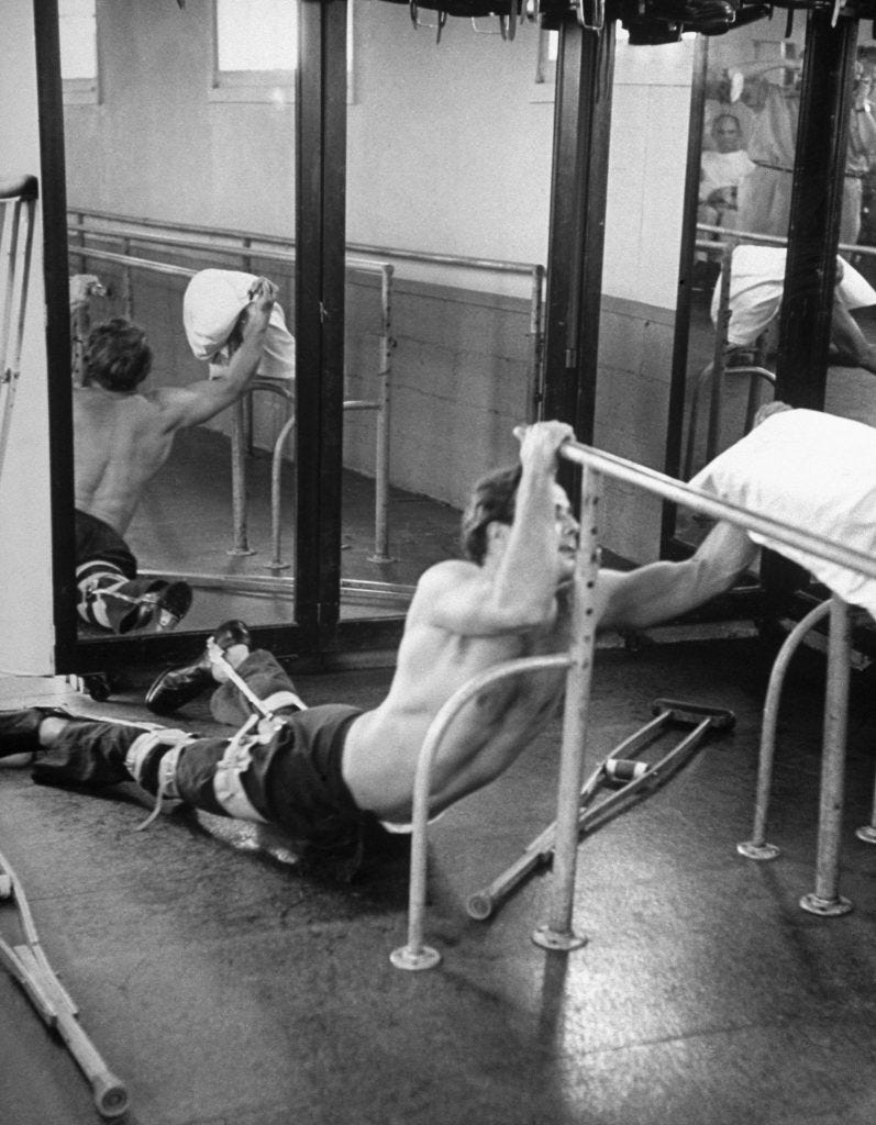 Marlon Brando while training for his role in The Men, at the Birmingham Veterans Administration Hospital, Van Nuys, Calif., 1949.