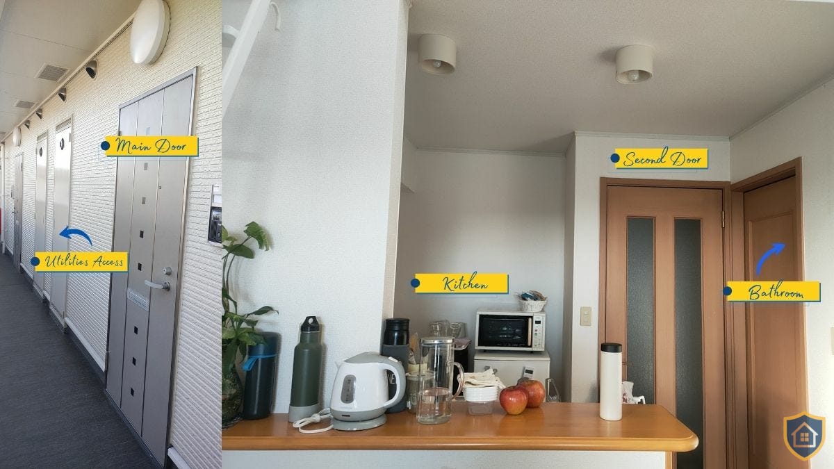 Japanese apartment entrance showing clustered wet areas with bathroom and kitchen near entry and separate utilities access in hallway