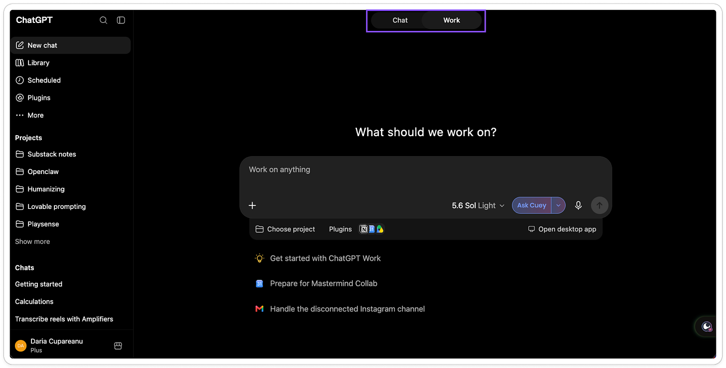 ChatGPT on the web showing the Chat and Work toggle at the top, with the sidebar listing Library, Scheduled, Plugins, and Projects.
