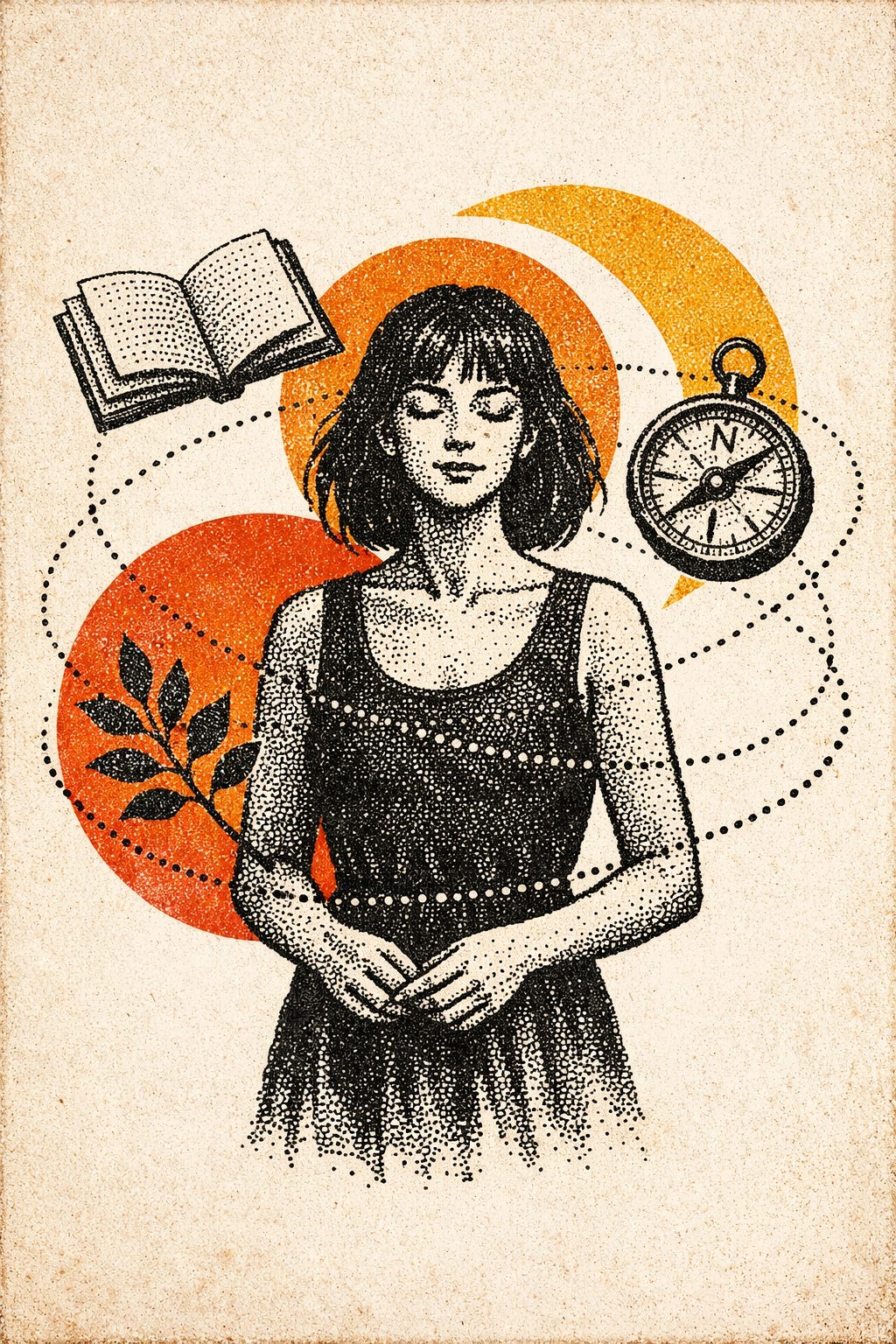 A woman with eyes closed.. A clock and a book spiraling around her head. She is focused because she dare to pause from choosing a niche and decided to choose a problem at a time and allow her multiplicity 