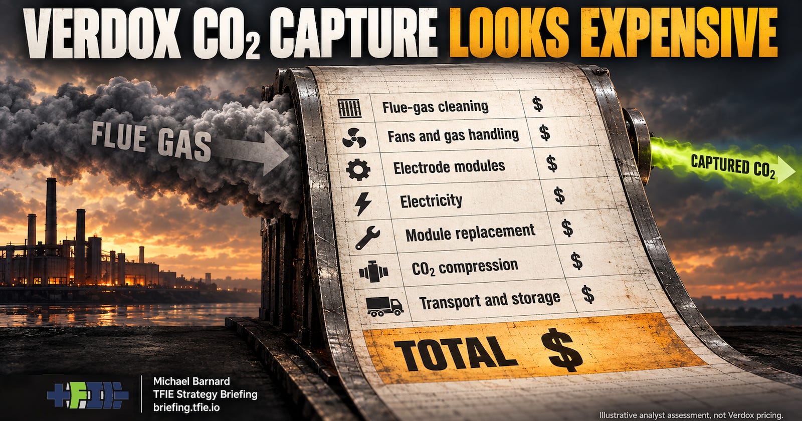 An industrial flue-gas scene sits behind a cost sheet listing cleaning, gas handling, electrodes, electricity, replacement, compression, transport and storage, with an unresolved total.
