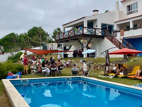 people outside having a party, playing live music and a swimming pool and bbq