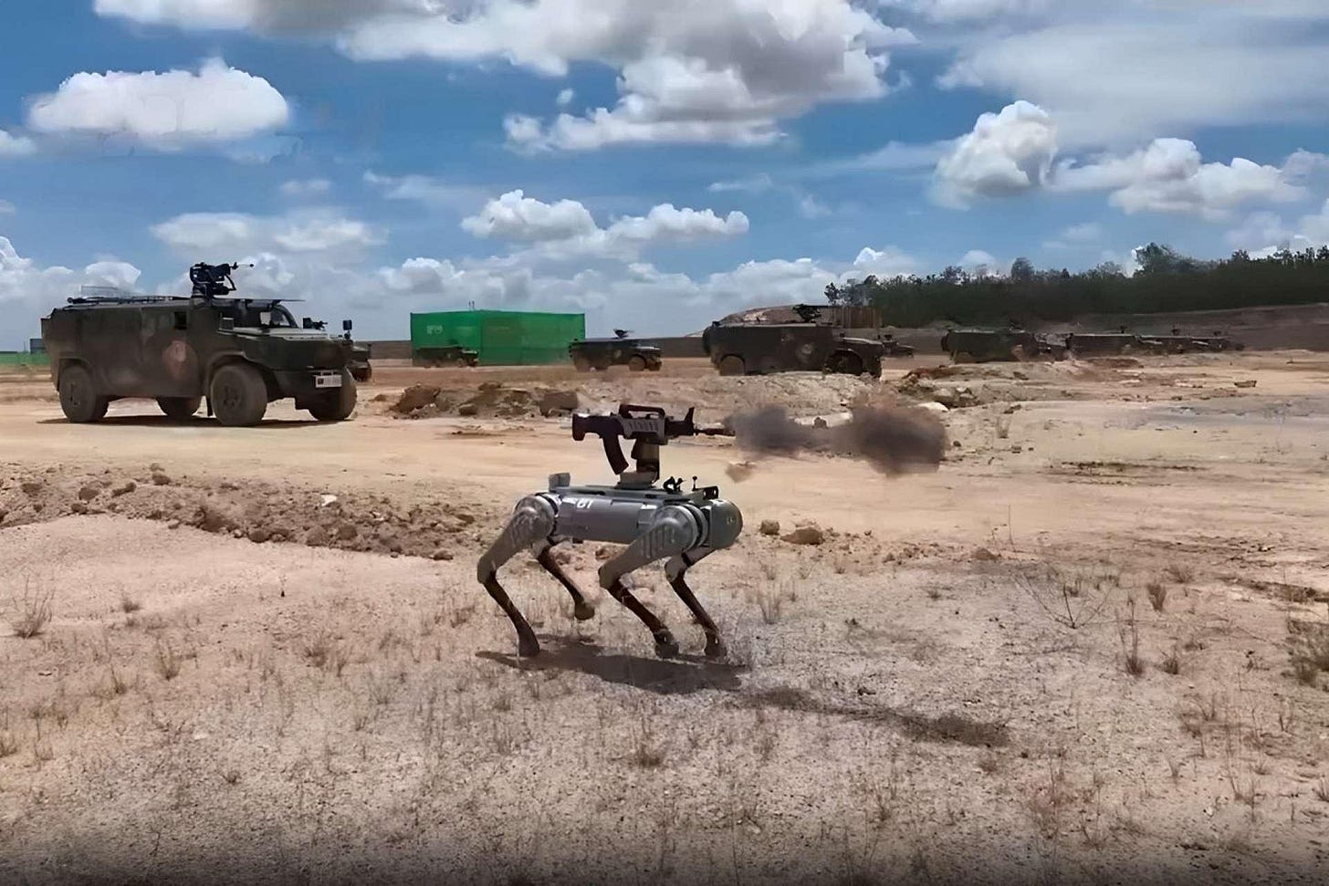 A rifle-mounted robot dog on the range during the 2024 China-Cambodia Golden Dragon exercise, as shown on Chinese state television.