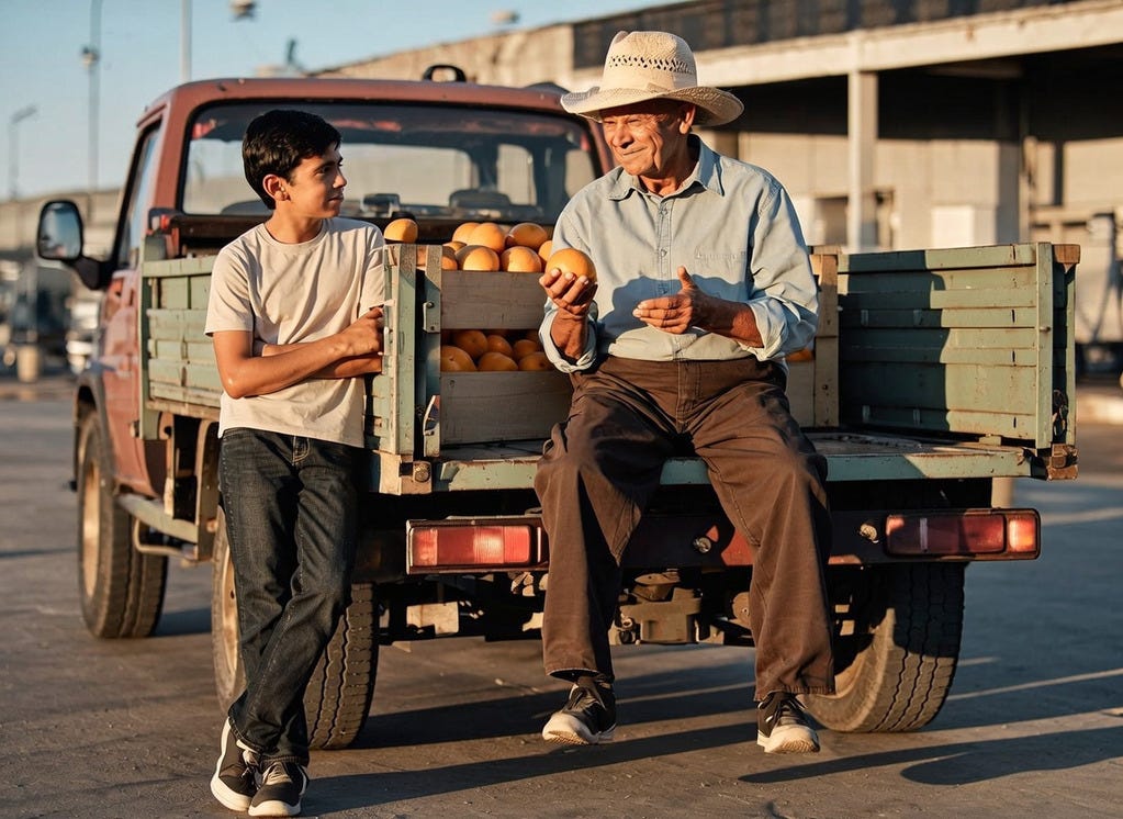 A Mexican-American grandfather, sitting on the tailgate of his flatbed truck and holding an orange, talks to his grandson, who is standing by the back bumper of the truck, which is parked outside of warehouse. 
