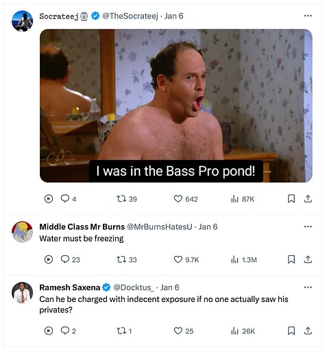 Several screenshots from Twitter where commenters impugn the manhood of the Bass Pro Shop skinny dipper