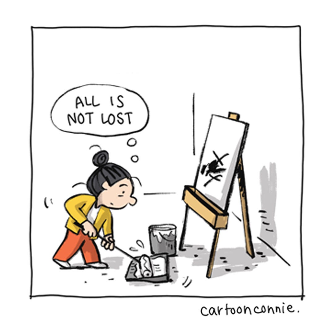 Panel 6 of a 6-panel comic showing a cartoon figure trying to capture an idea an artist easel and feeling like a failure when it doesn't live up to what she imagined. Titled "Artist Perseverance," 2026, by Connie Sun, cartoonconnie.